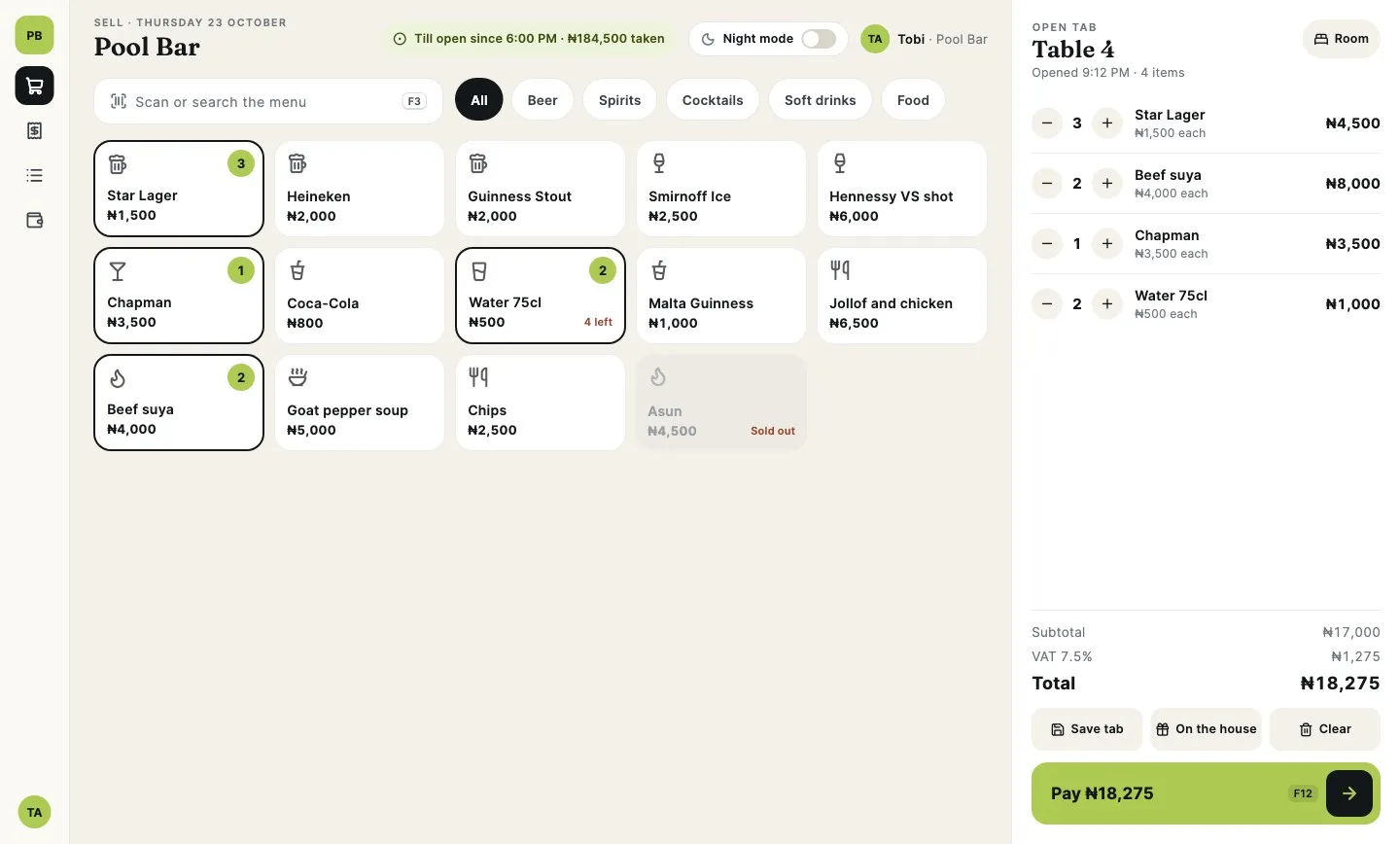 Keverna Desk POS till selling a bar tab